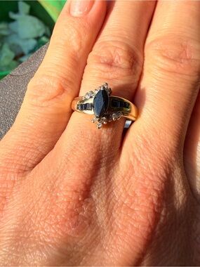 Vintage Zales 10K Yellow Gold Marquise
Sapphire & Diamond Bypass Ring 4g Sz 7